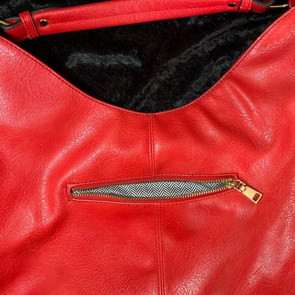 Red faux leather purse with woven front, zip close, interior pockets, outer zip - Picture 4 of 8